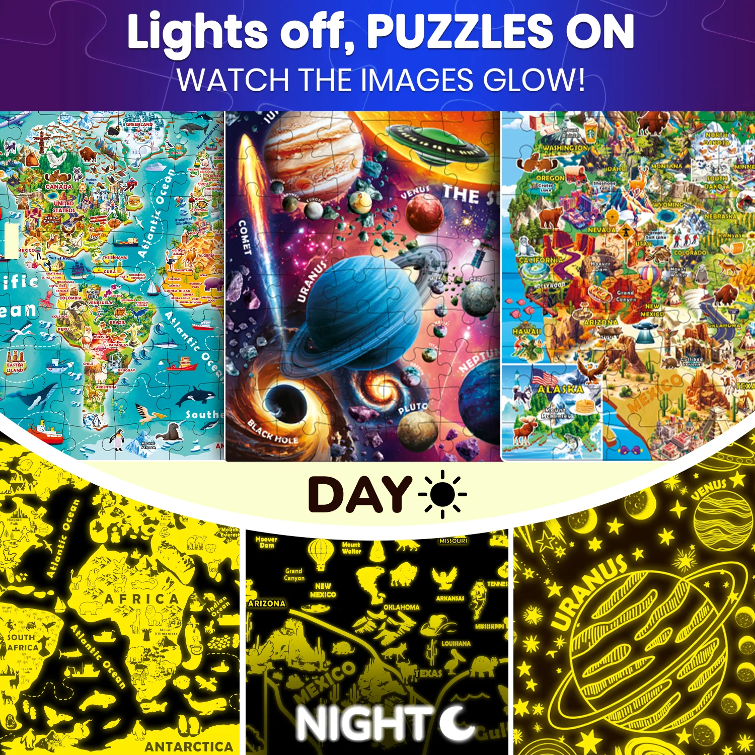 100 Piece Glow in The Dark Puzzles for Kids - Maps & Space - Image 3