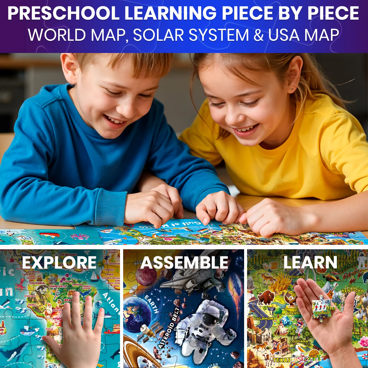 100 Piece Glow in The Dark Puzzles for Kids - Maps & Space - Image 5