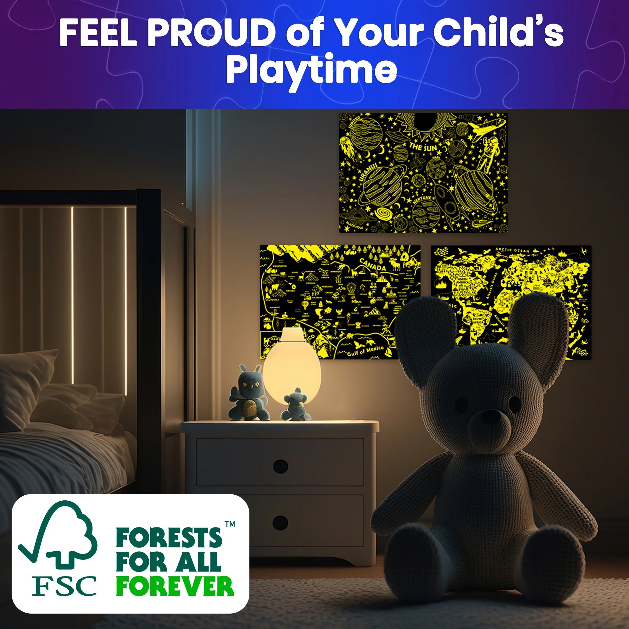 100 Piece Glow in The Dark Puzzles for Kids - Maps & Space - Image 6