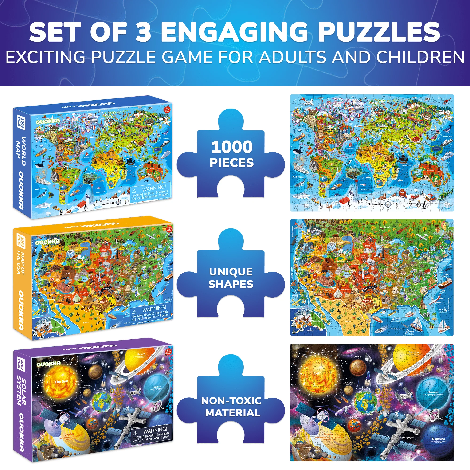 1000 Pcs Puzzles for Adults 3 Set | USA, World Maps & Space - Image 3