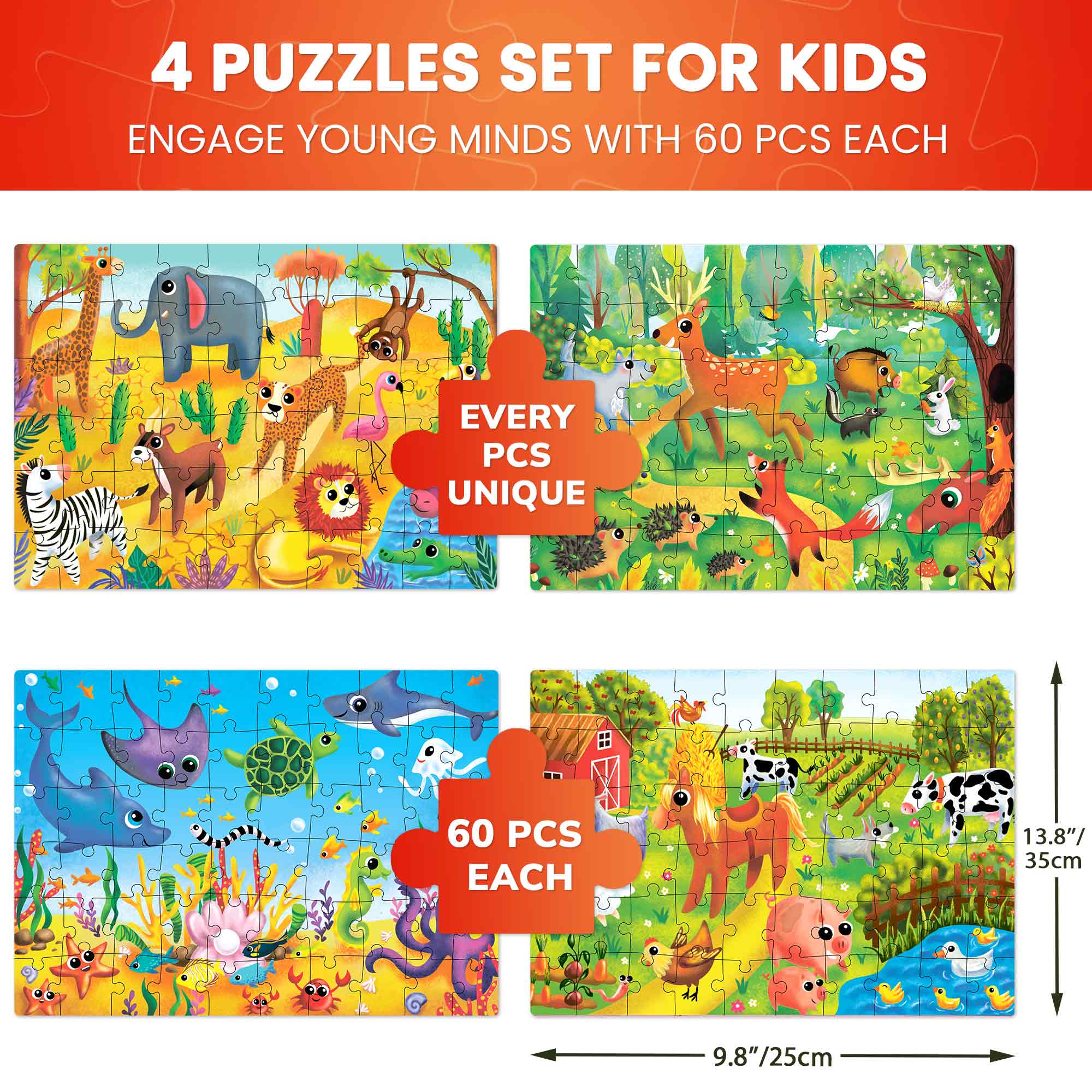 60 Piece Puzzles for Kids | Farm, Ocean & Safari Animals - Image 3