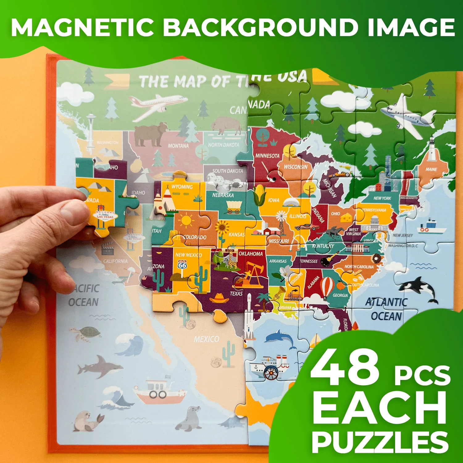 Magnetic Book 2x48 Pcs Puzzles for Kids | Maps USA & World - Image 3