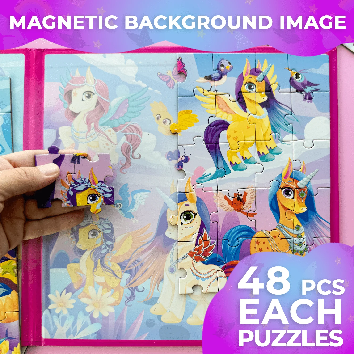 Magnetic Book 2x48 Pcs Puzzles for Kids | Mermaids & Unicorns - Image 3
