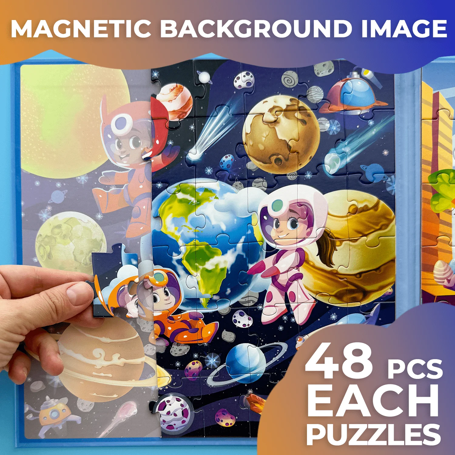 Magnetic Book 2x48 Pcs Puzzles for Kids | Space & Dino - Image 3