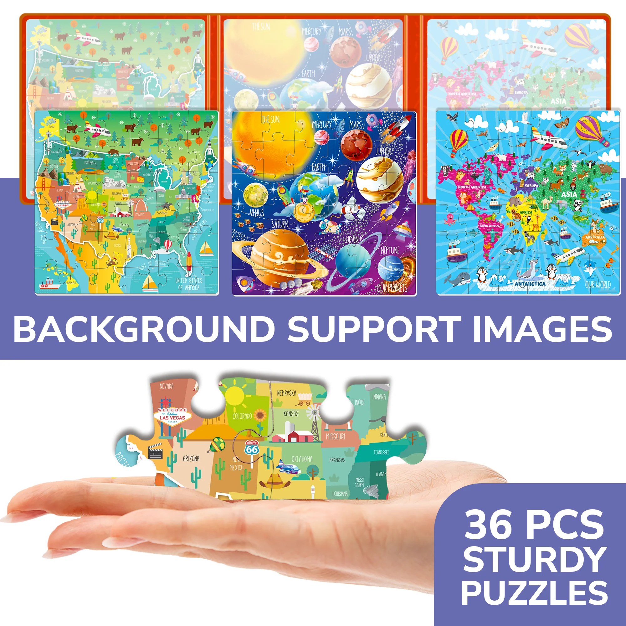 Magnetic Book 3x36 Pcs Puzzles for Kids | Maps USA, World & Space - Image 4