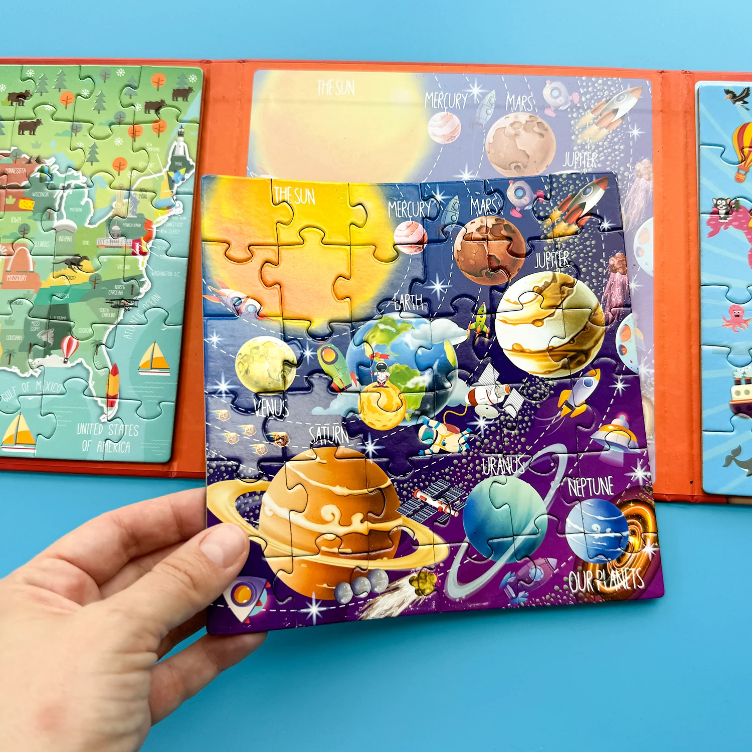 Magnetic Book 3x36 Pcs Puzzles for Kids | Maps USA, World & Space - Image 7