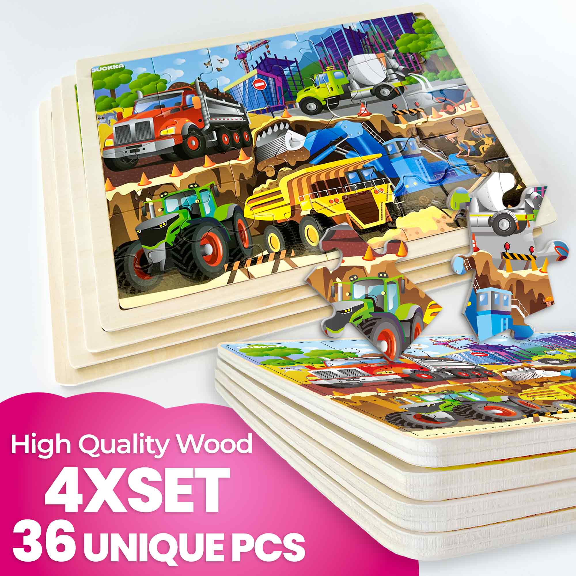 4 Set Wooden Puzzles for Toddlers | Animals, Vehicles & Space - Image 3