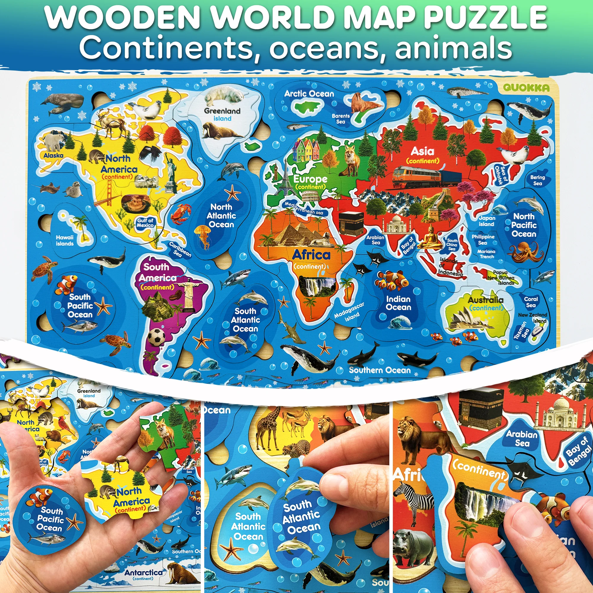 Wooden Puzzles for Kids - Realistic USA and World Map - Image 3