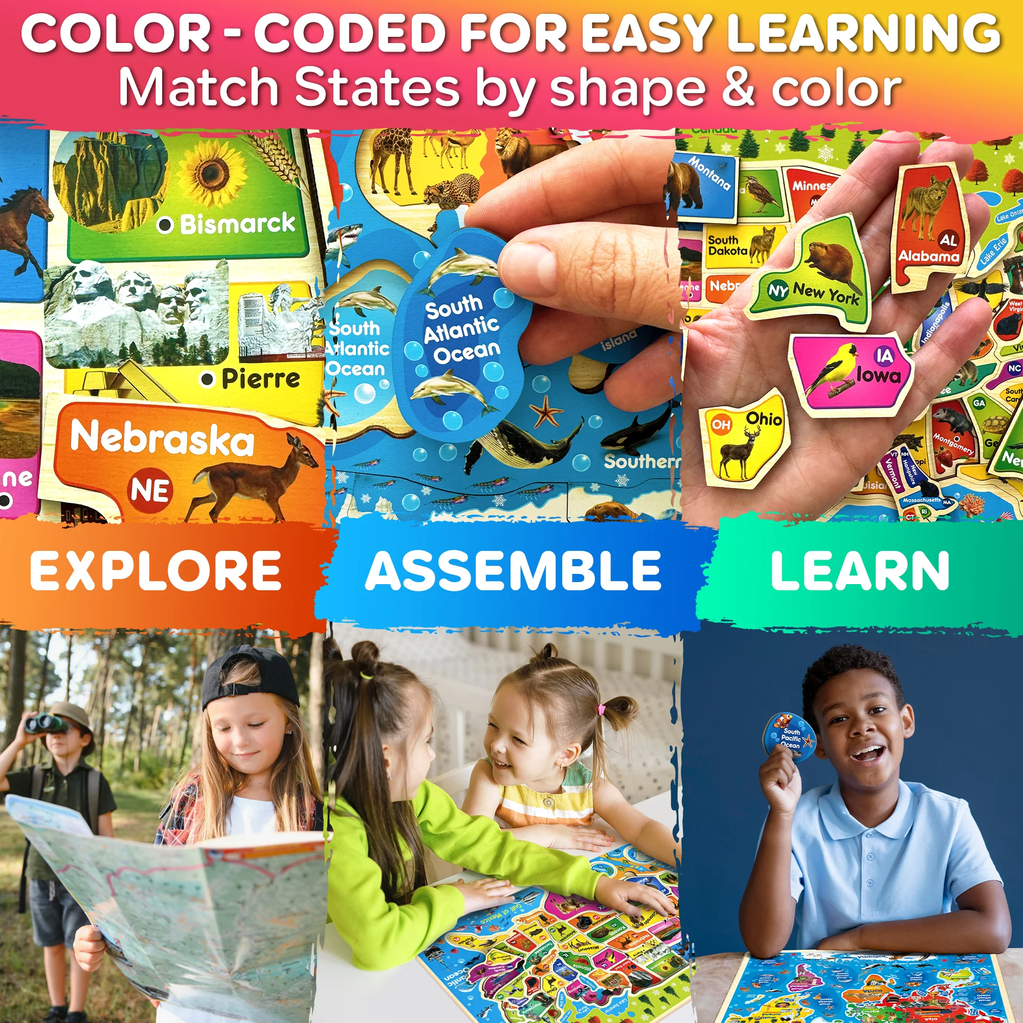 Wooden Puzzles for Kids - Realistic USA and World Map - Image 6